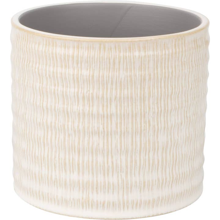 A11034: Textd linen ptrn ceram pot cvr,beige,4.75x4in for wholesale by Silver Tree Home & Holiday