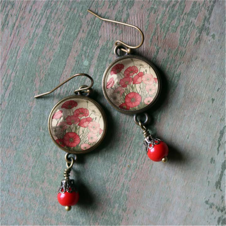 The Divine Iguana - Wholesale Dangle Earrings - Pink and Red Poppy Flower Glass Cabochon and Bronze Earrings3