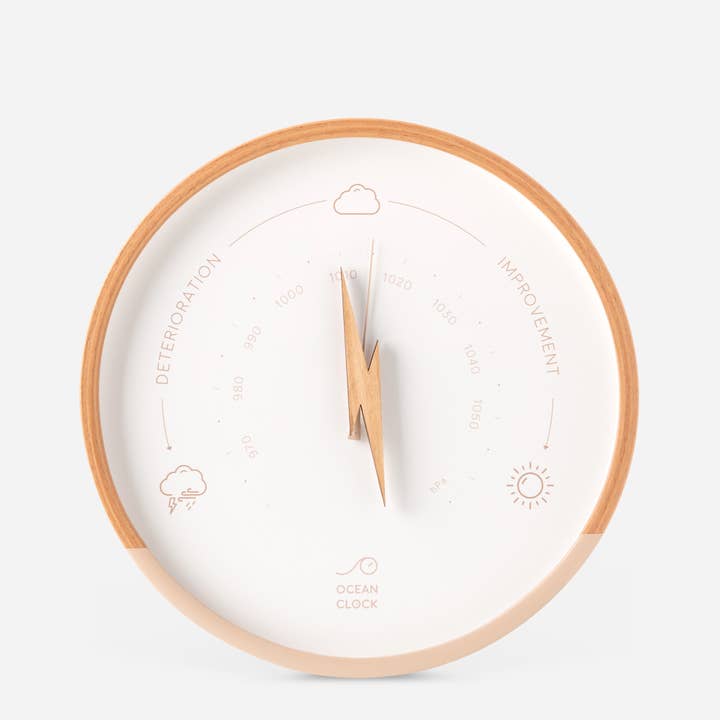 Ocean Clock - Wholesale Wall Clock - BEIGE AND ECRU WOODEN WEATHER BAROMETER