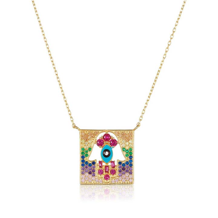 Intricate Gemstone Hamsa Pendant in Gold for wholesale by ALEF BET JEWELRY