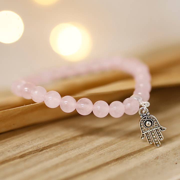Hand of Fatima bracelet in 6mm rose quartz for wholesale by Ethike.eu