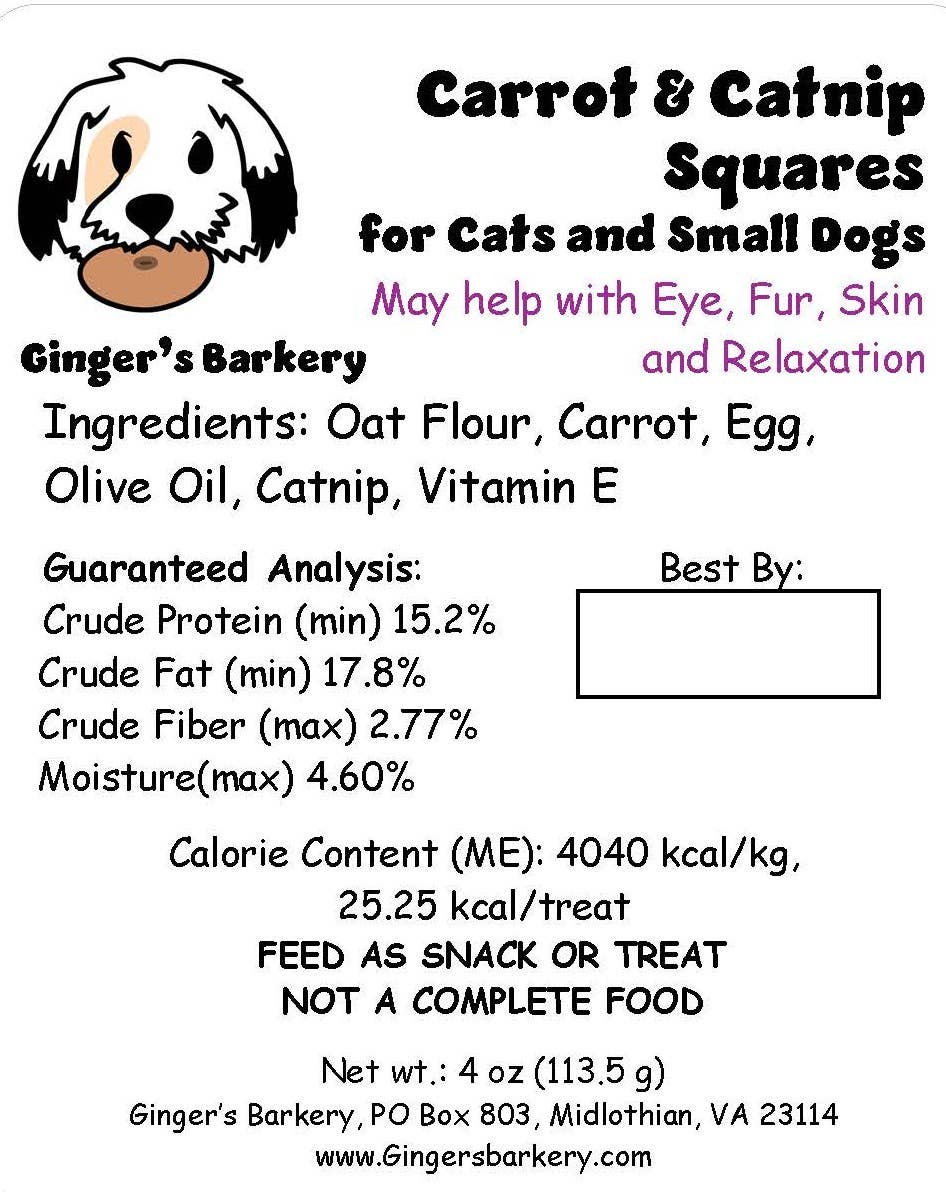 Ginger's Barkery - Wholesale Pet Treats - Cat - Carrot and Catnip Squares2