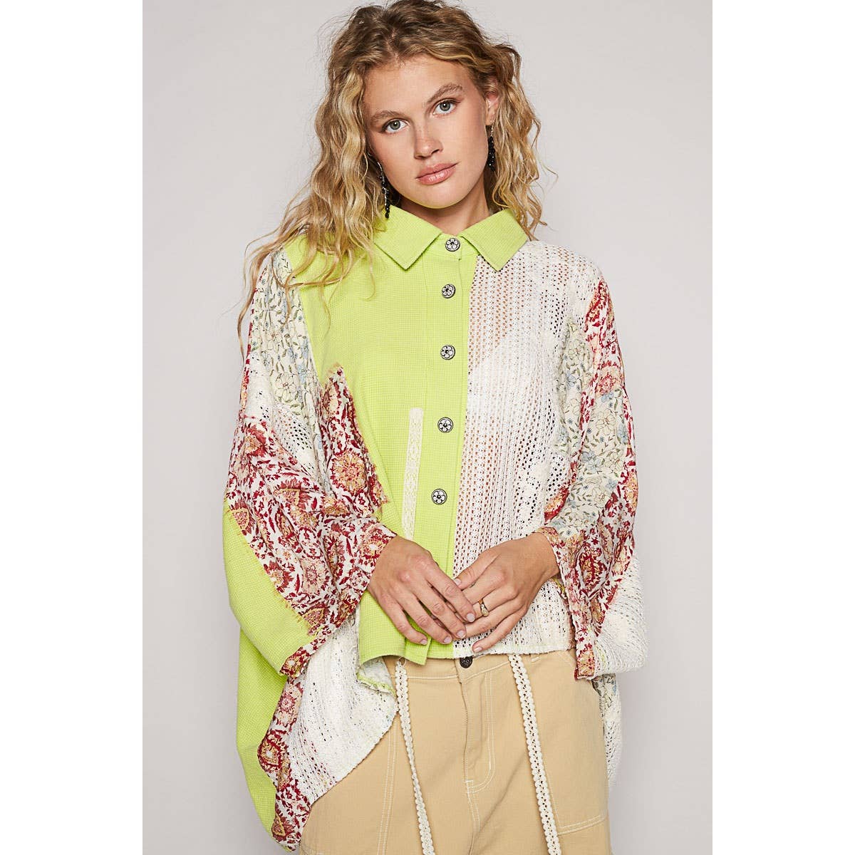 Pol Clothing - Wholesale Knit Top - Women's - Oversize long sleeve crochet lace contrast top SALE1