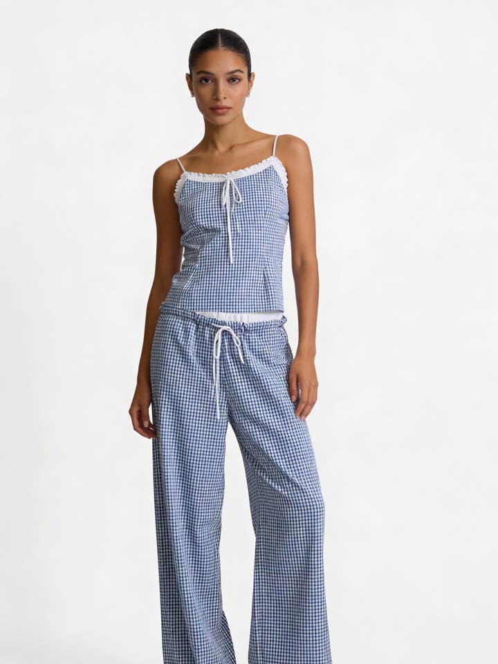 Gingham spetskantad cami och byxor med vida ben för wholesale av LINZY