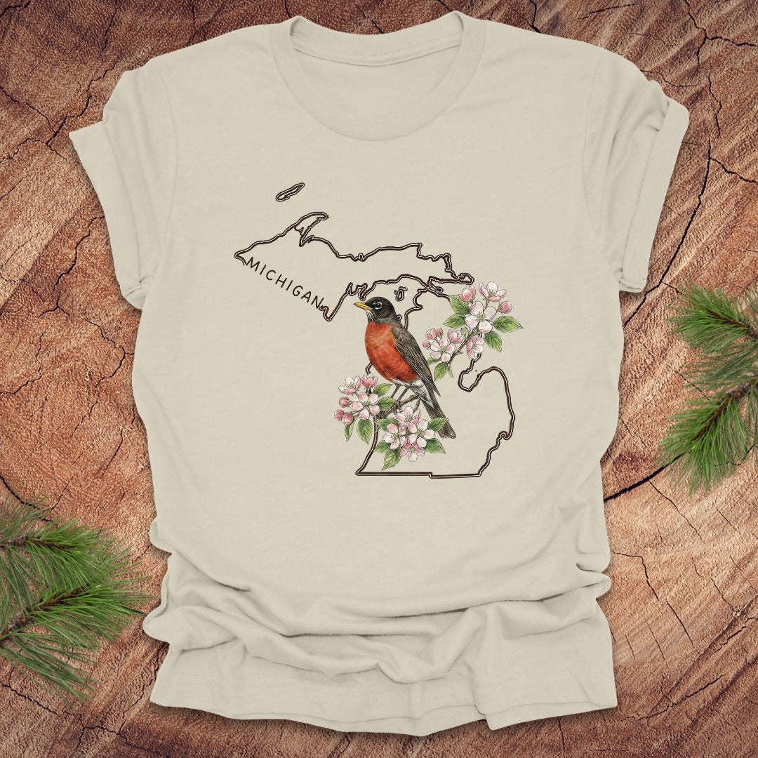 Wandering Owl Adventure Co. - Wholesale Screen Printed T-Shirt - Women's - Michigan Robin and Apple Blossom Tee1