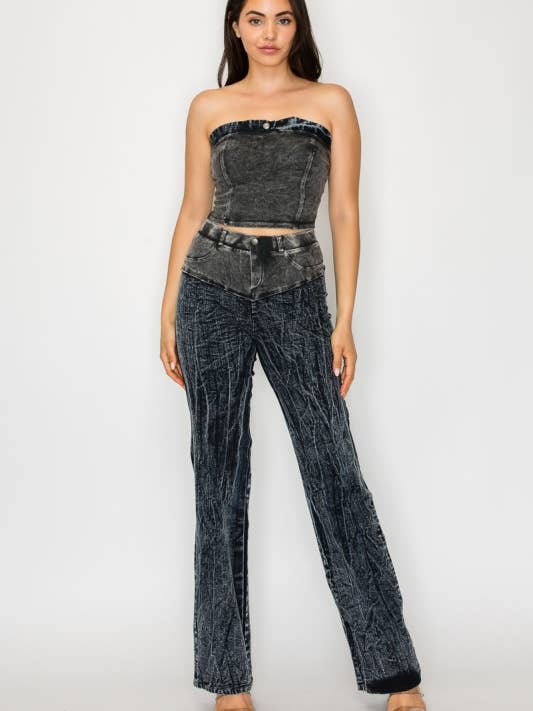 Denim-Crop-Top-/Hosen-Set GD4659 für den Großhandel von Jour