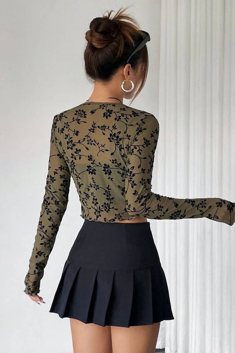 NINEXIS - Wholesale Blouse - Women's - CWTBLL3561_SHEER MESH FLOCKED LACE-UP LONG SLEEVE TOP9