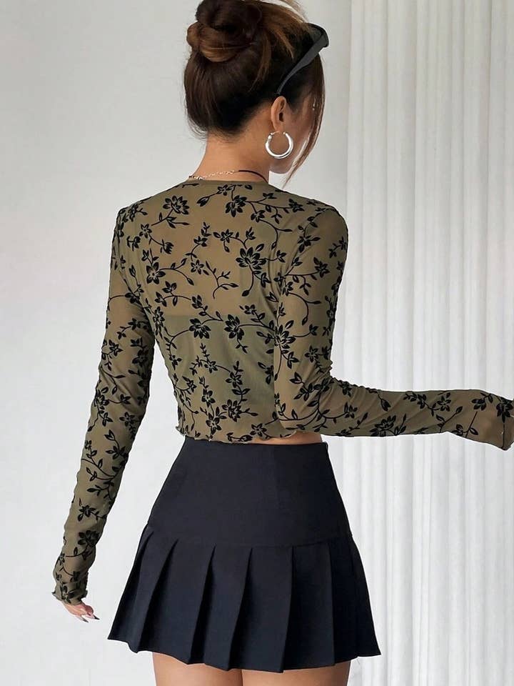 NINEXIS - Wholesale Blouse - Women's - CWTBLL3561_SHEER MESH FLOCKED LACE-UP LONG SLEEVE TOP9