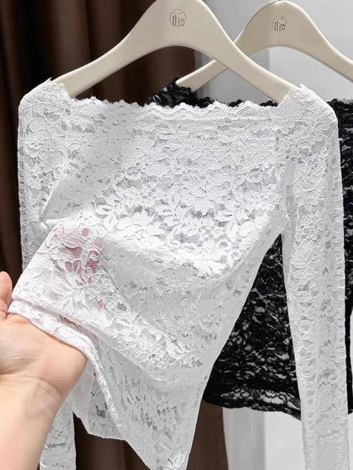 Off the shoulder Sheer Mesh Floral Lace Layering fitted Top for wholesale by Rosa Clothing