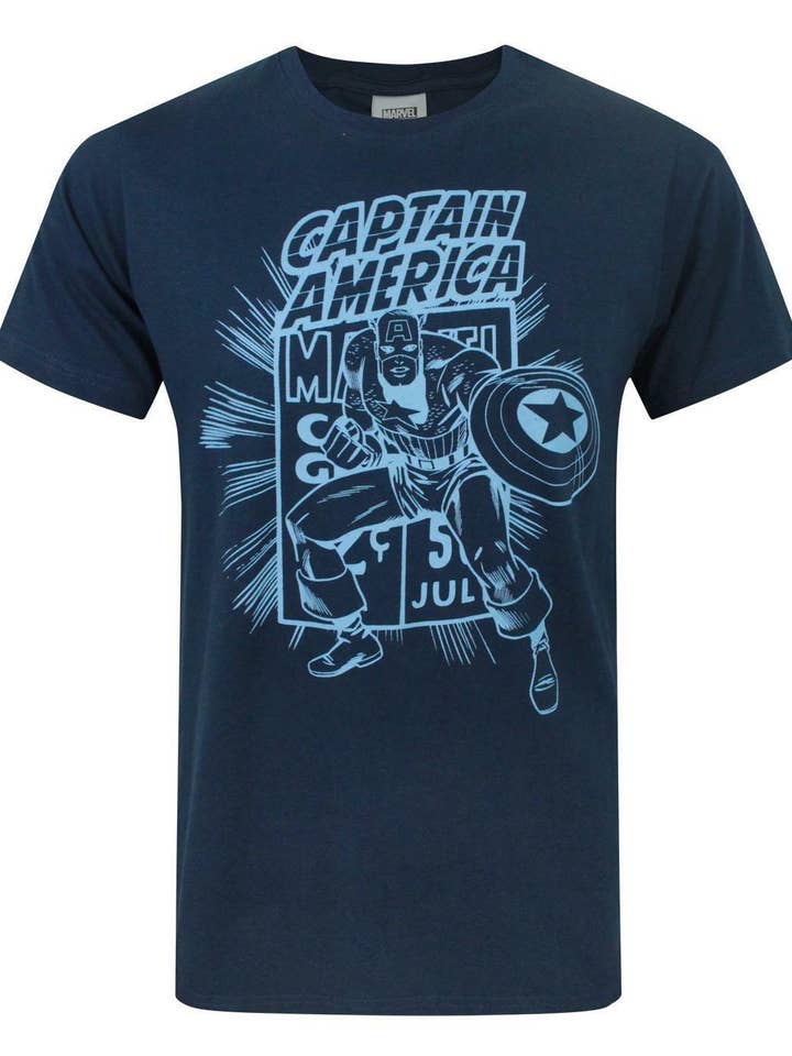 Maglietta a maniche corte blu da uomo Marvel Captain America per la vendita all'ingrosso da parte di Vanilla Underground