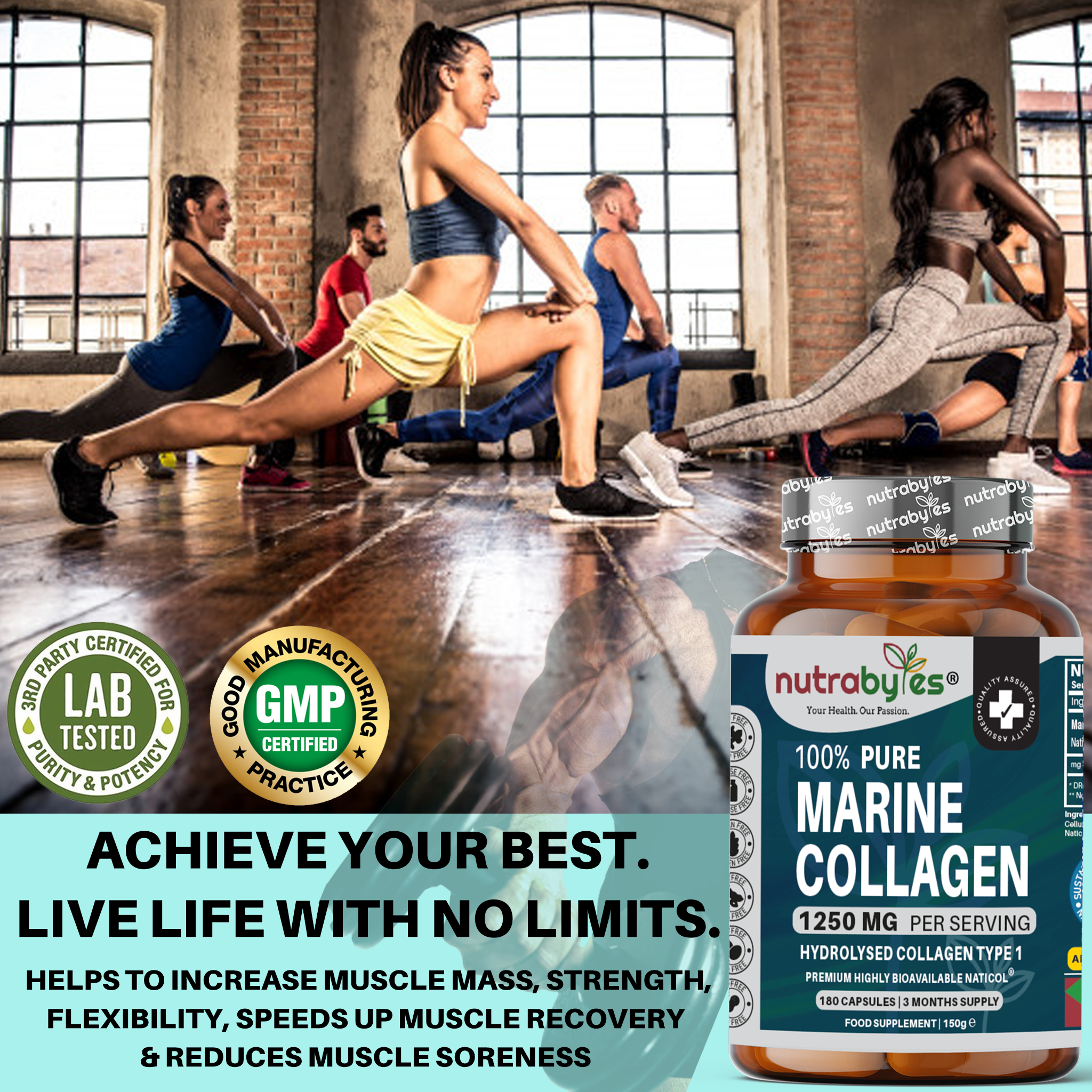 NUTRABYTES - Wholesale Oral Supplement/Vitamin - Pure Marine Collagen Supplement | 1250mg High Strength Collagen Capsules | Hydrolysed Marine Collagen Protein Peptides Type 1 | 180 Collagen Capsules | 3-month supply | Made in UK6