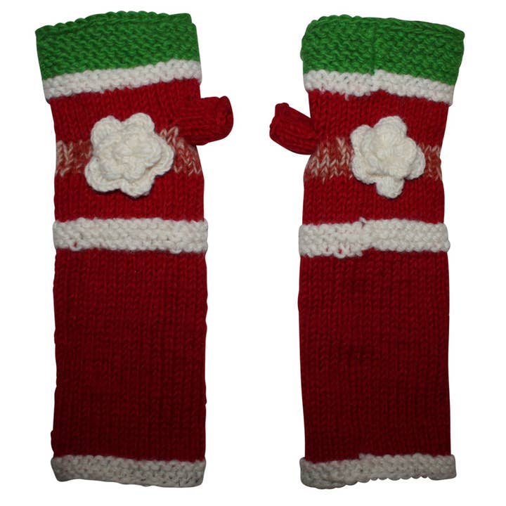 Polsini scaldabraccia in lana con motivo a fiori e righe rosse, imbottitura in pile per la vendita all'ingrosso da parte di Tribal Trade GmbH