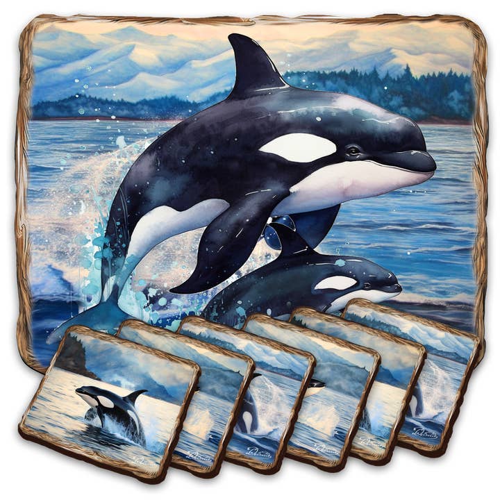 Playful Orcas Placemat Set | Wooden | Nature Decor for wholesale by Designocracy