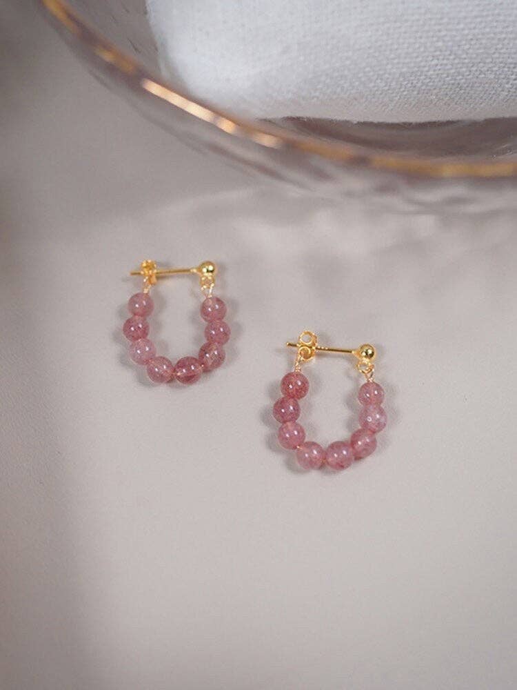 Haengseongworkshop - Wholesale Dangle Earrings - 18k Gold Plated AAA Natural Strawberry Quartz 4mm Round Beads Earrings1