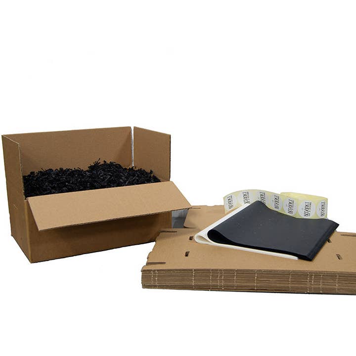 Kit de envio por correio preto – 20x caixa de correio kraft 255x155x28 mm + papel de seda com pedras preciosas branco e preto, papel de enchimento preto e autocolantes de agradecimento brancos por atacado de kadopapier.net