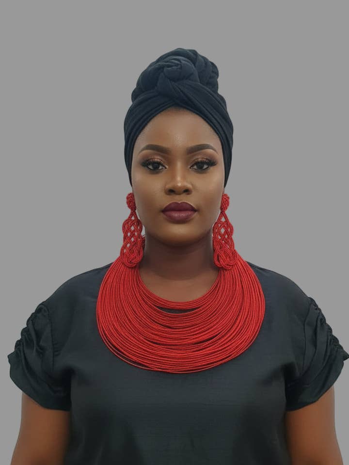 Rope Layered Necklace & Earrings Set Red for wholesale by India Batik