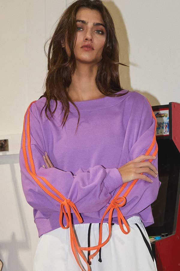 BUCKETLIST INC - Wholesale Sweatshirt - Women's - T2522 Contrast Tie Sleeves Detail Terry Sweatshirt2