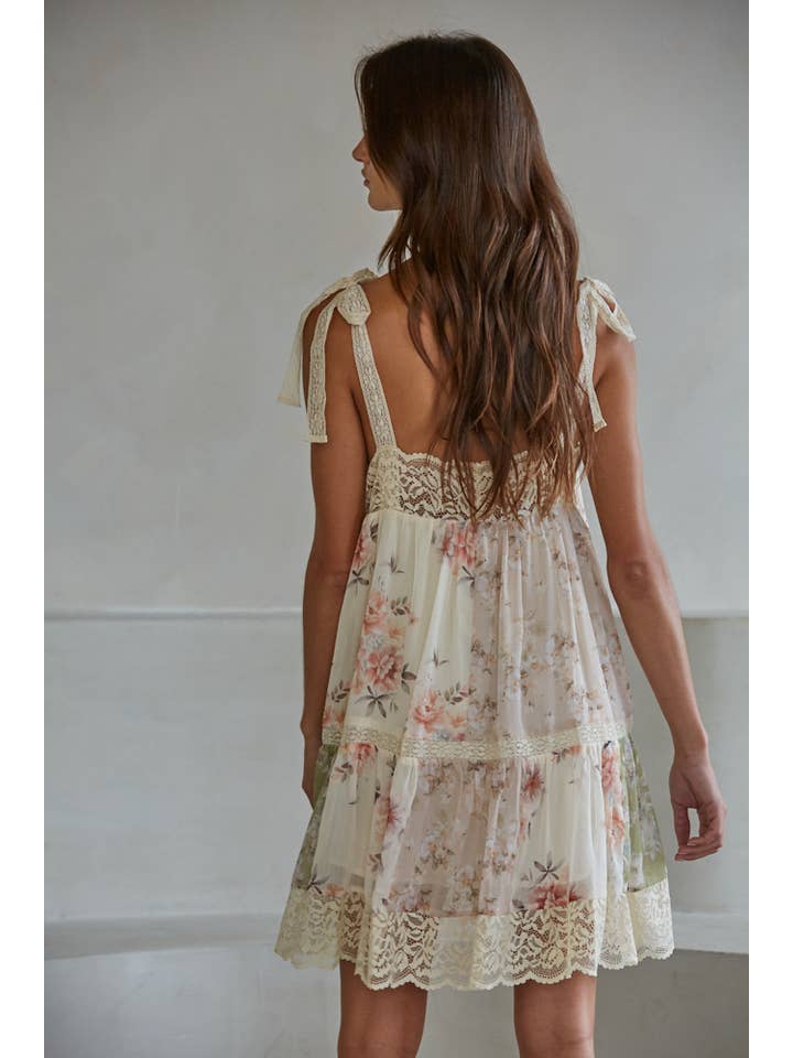 Beige Multi L9554 | Woven Polyester Chiffon Floral Print Mini Dress for wholesale on Faire3