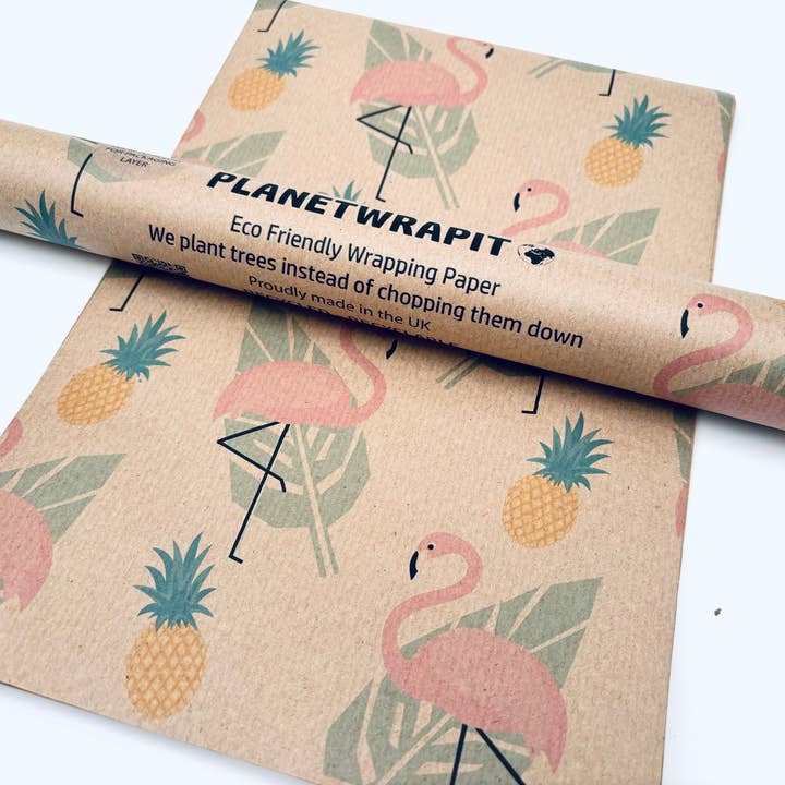 PlanetWrapIt – Engroshandel Indpakningspapir – Flamingo gavepapir i genanvendt kraftpapir3