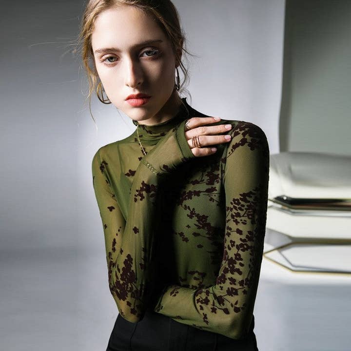 Sheer Trend - Wholesale Blouse – Women’s - Flocked Mesh Sheer Base Shirt3