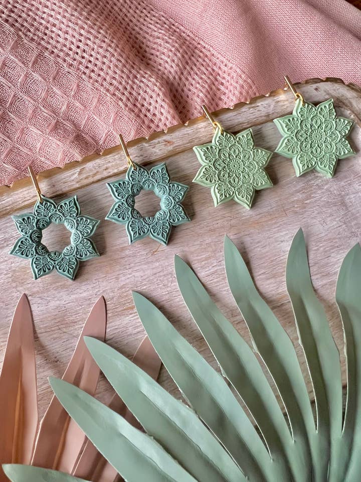 Pointed Flower Mandala Clay Earrings for wholesale by SeizeTheClayJewelry