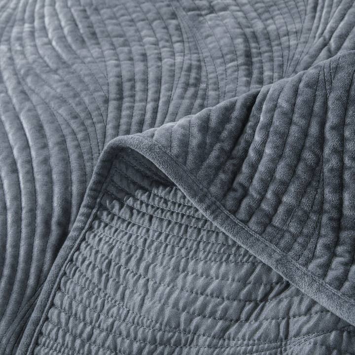 Tache Home Fashion - Wholesale Quilt - Tache Plush Dreams Steel Navy Blue Waves Velvet Quilt Set (JHW-852BL)5