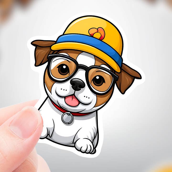 Niedlicher Hund mit Hut & Brille, gestanzter wasserdichter Aufkleber für den Großhandel von Coyote Color