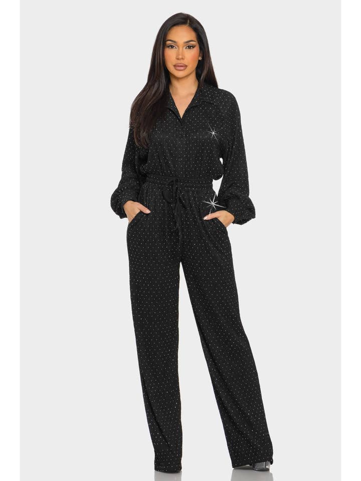 Conjunto de Camisa e Calças com Botões de Strass Enrugados por atacado de ITSSY