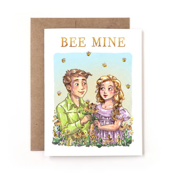 Cartão Romântico de Casal com Flores em Aquarela "Bee Mine" por atacado de Nettles & Lace Paper Co.