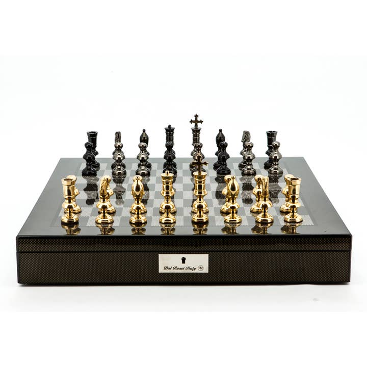 Carbon Fibre Chess Set with Compartments & Metal Chessmen for wholesale by Dal Rossi Italy