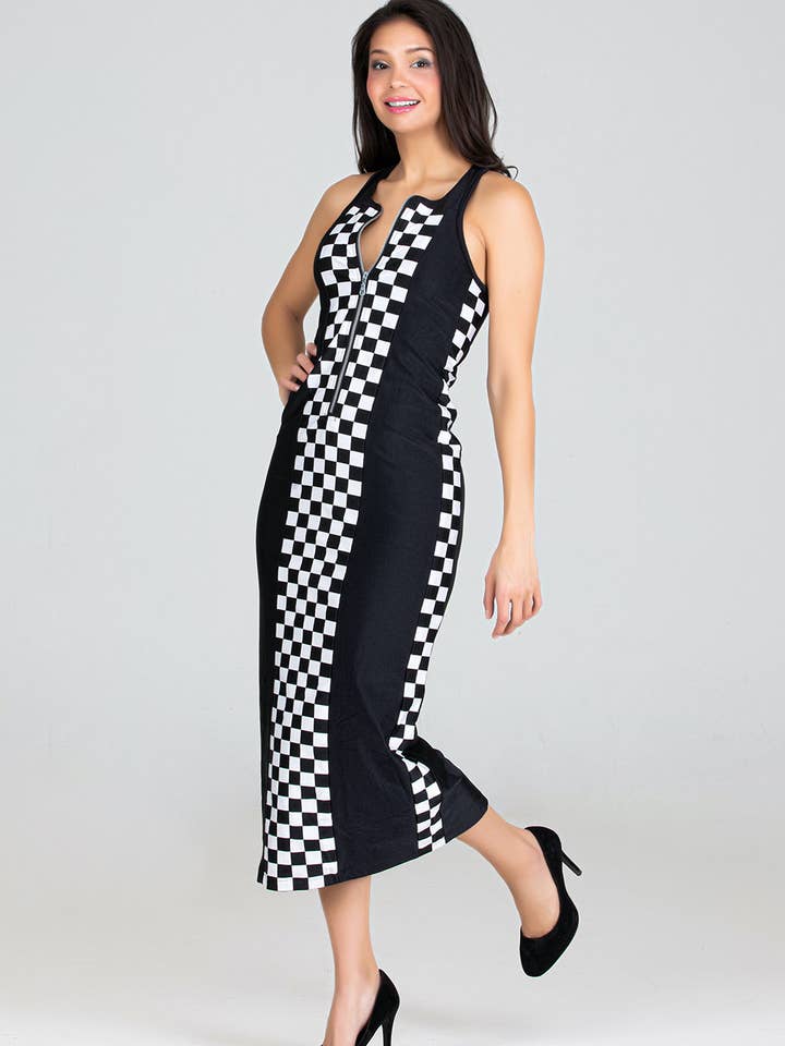 Vestido a cuadros de calidad y vestido largo ajustado negro con espalda cruzada para venta al por mayor de Fever1 Fashion