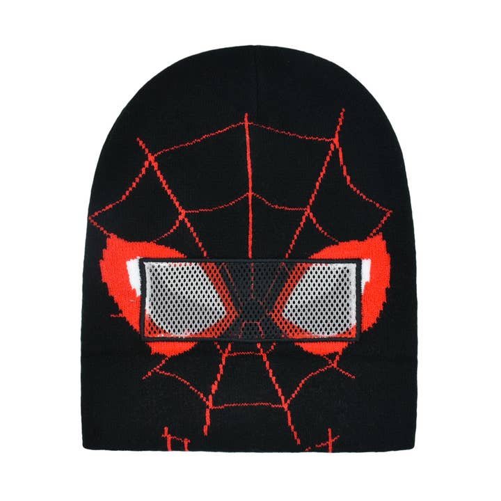 Spider-Themed Roll-Down Beanie with Mesh Eye Design - Black/Red for wholesale by Concept One