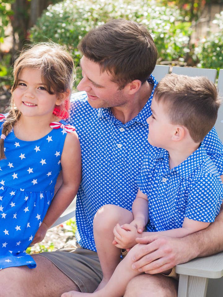 RuffleButts + RuggedButts - Wholesale Athletic Top - Kids - Boys Tiny Blue Stars Knit Short Sleeve Performance Polo