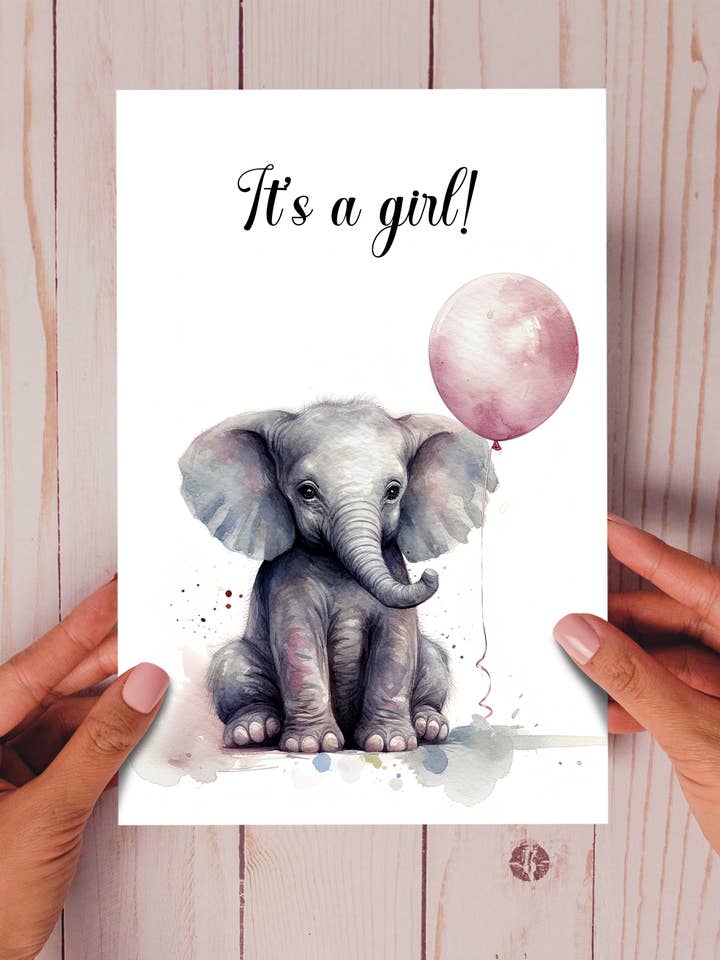 It's a Girl Elephant Card - Eco-friendly Baby Girl Card for wholesale by Homemade Hollydays Wholesale