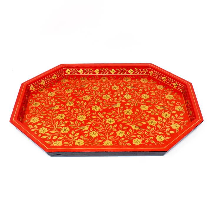 Large Hand Painted Wooden Tray Birds in Branch Red for wholesale by Fair to Trade Ltd
