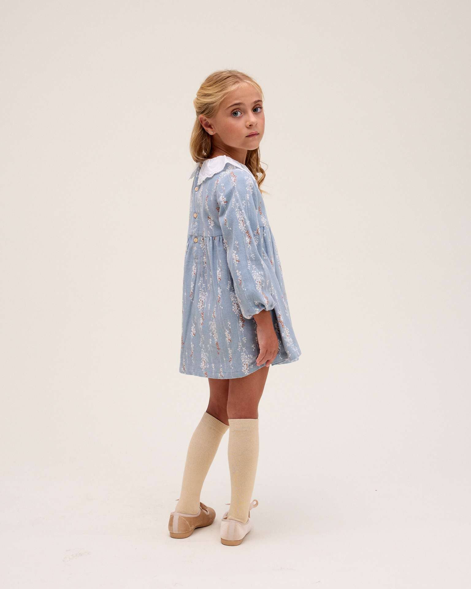 Blue girl's dress with embroidered ruffled collar for wholesale on Faire1
