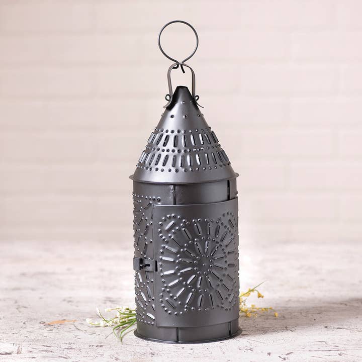 15-Inch Primitive Lantern in Smokey Black for wholesale by Irvin's Tinware