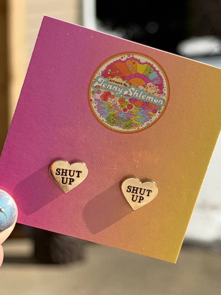 Golden Enamel Shut Up Heart Stud Earrings for wholesale by ShlemonArt