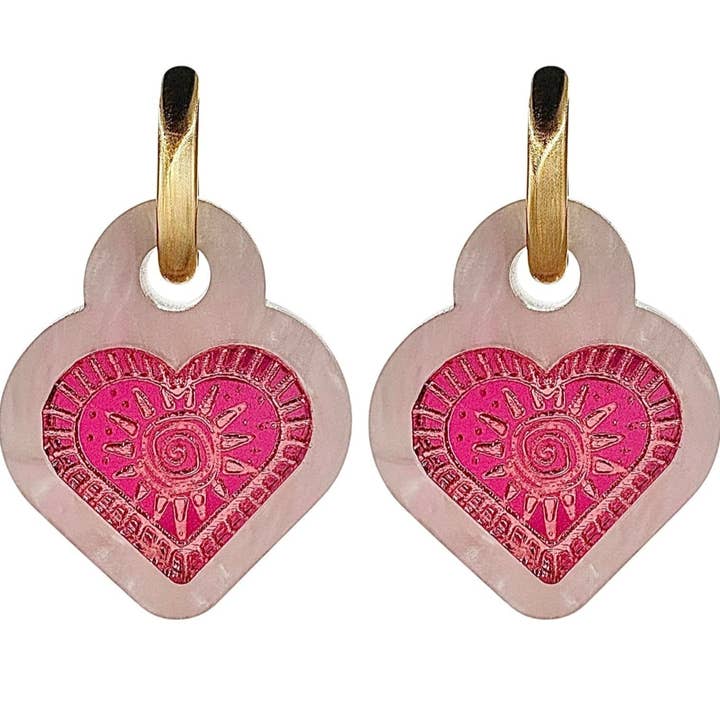 Heart with Engraved Sun Chunky Acrylic Huggies | Earrings for wholesale by Weezy Pop