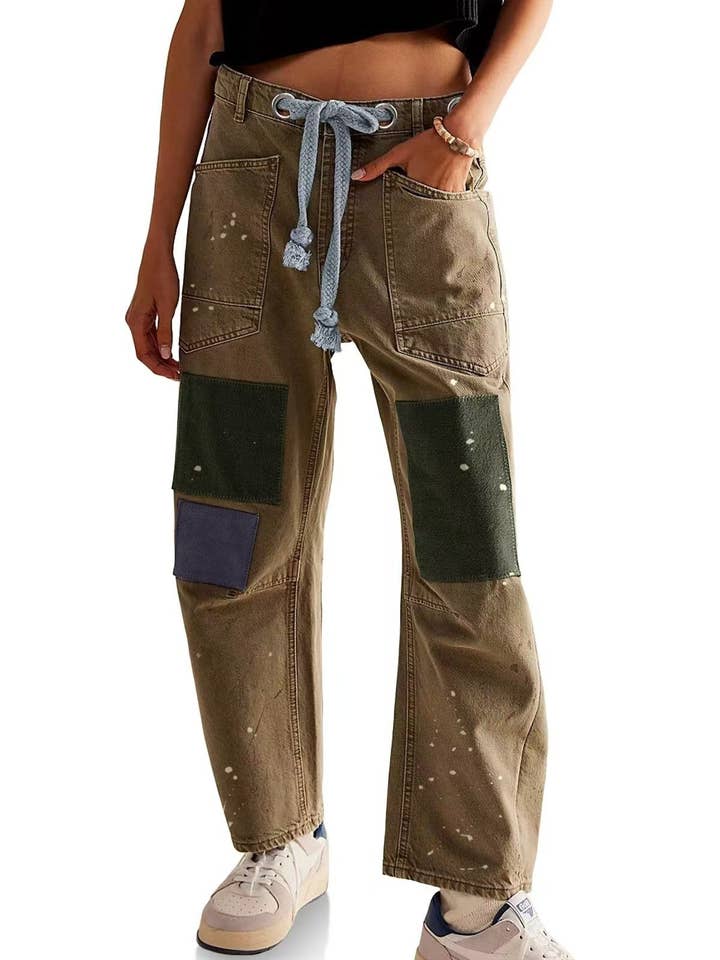 HIDDENBRAND - Wholesale Jeans - Women's - Patch Loose Straight-Leg Drawstring Casual Jeans