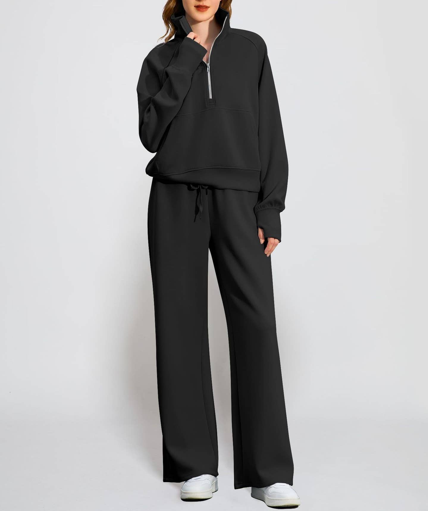 Rosa Clothing - Wholesale Activewear Set - Women's - Zipper Sweatshirt Wide Leg Sweatpants Casual Set0