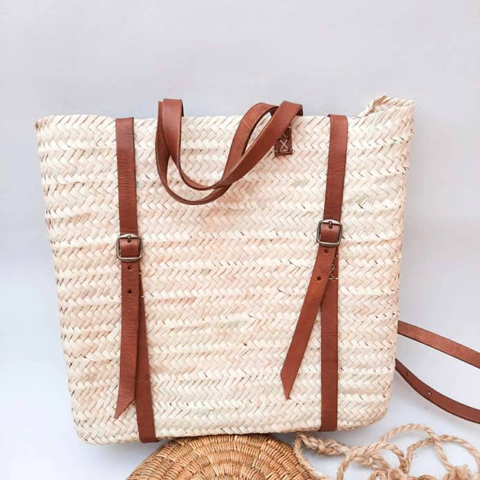 DarKech - Wholesale Tote Bag - Women's - Handwoven Straw Backpack Tote with Leather Straps 4