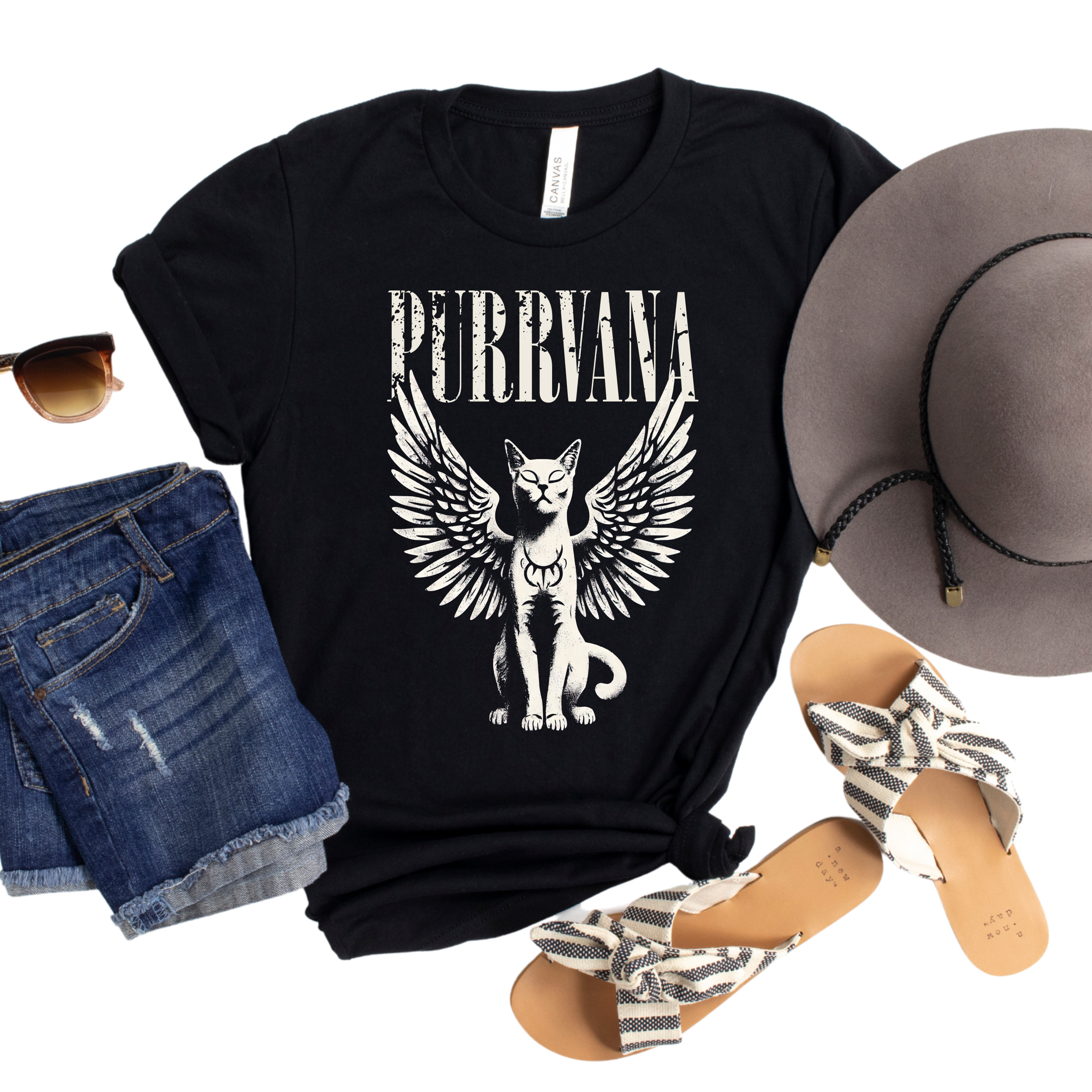 Epic Life  - Designed - Wholesale T-Shirt (Graphic) - Women's - Purrvana Cat T-Shirt - Funny Nirvana Inspired Cat Lover Tee - Unique Winged Cat Graphic Shirt - Cool Gift for Cat Enthusiasts0