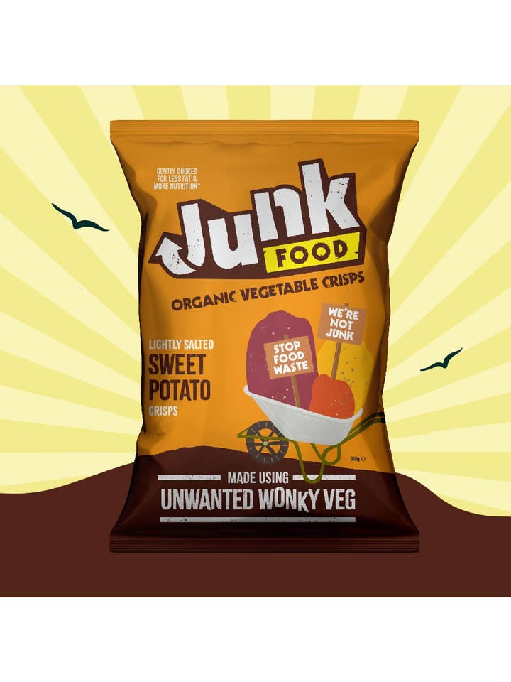 Junk Organic Sweet Potato Crisps Lightly Salted 100g x 12 for wholesale by Junk Crisps