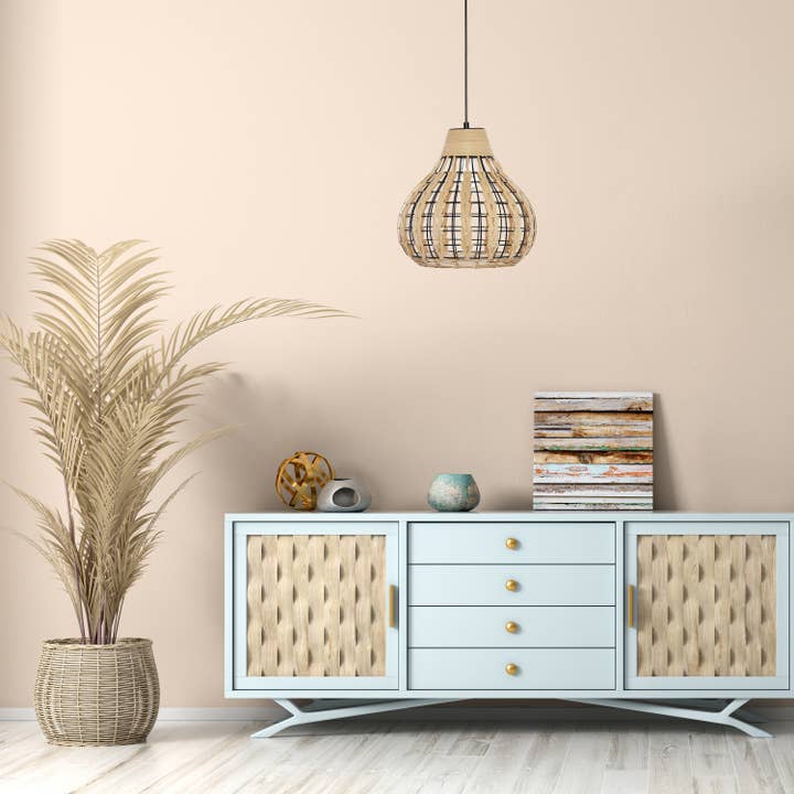 13"W Sandra Metal Pendant Light with Natural Rattan Shade for wholesale by River of Goods