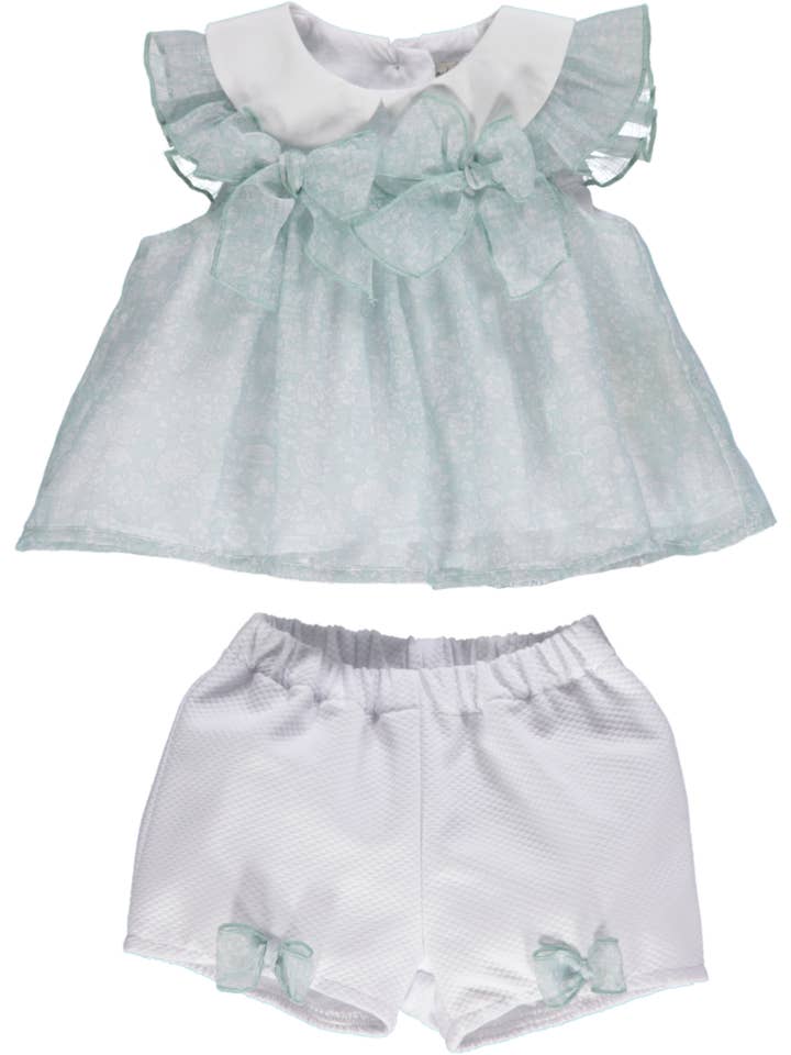 Set da bambina verde con top e pantaloncini per la vendita all'ingrosso da parte di Piccola Speranza