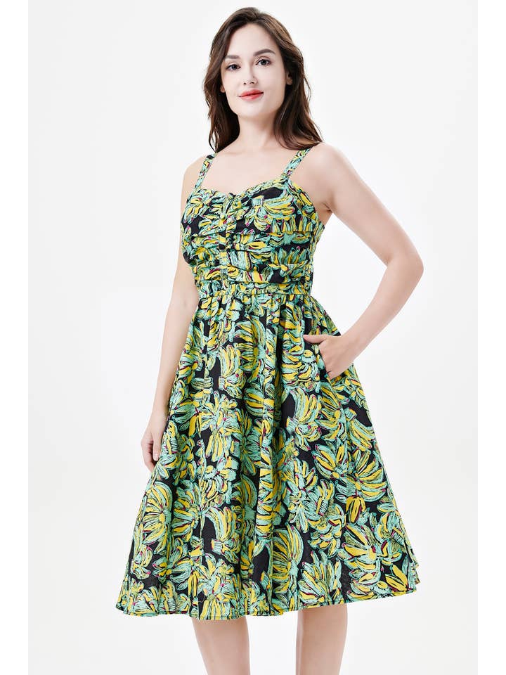 Black Multi 253127 | Eden | Linen Fit & Flare Dress With Pockets for wholesale on Faire