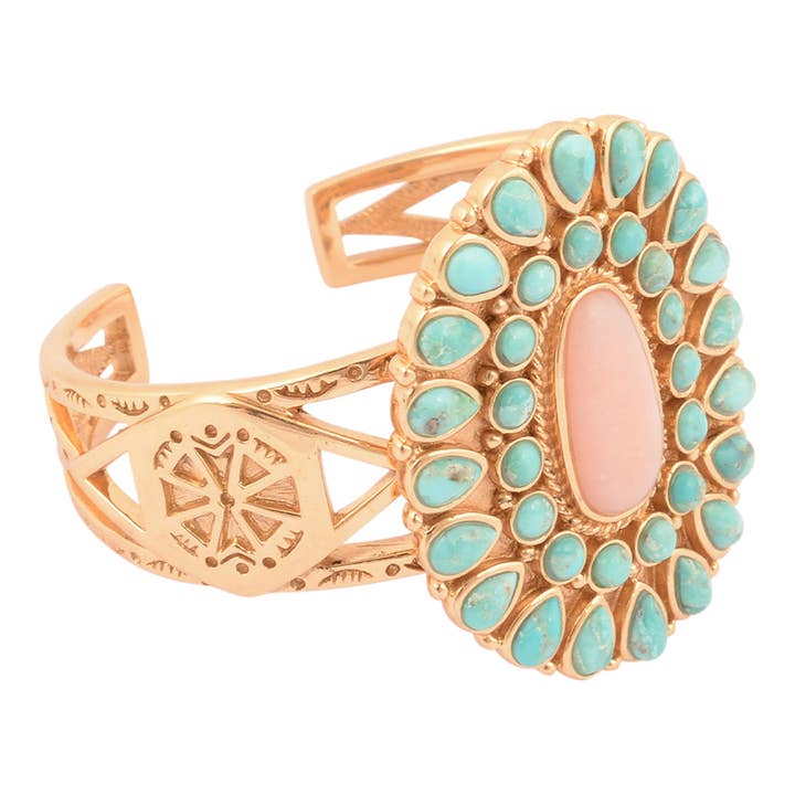 Manchette dorée Cactus Rose en opale rose et turquoise bleue pour la vente par Barse Jewelry
