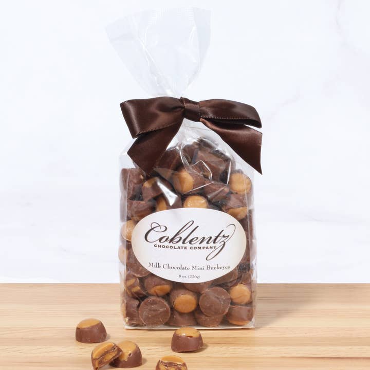 Milk Mini Buckeyes Bag With Bow for wholesale by Coblentz Chocolate Company