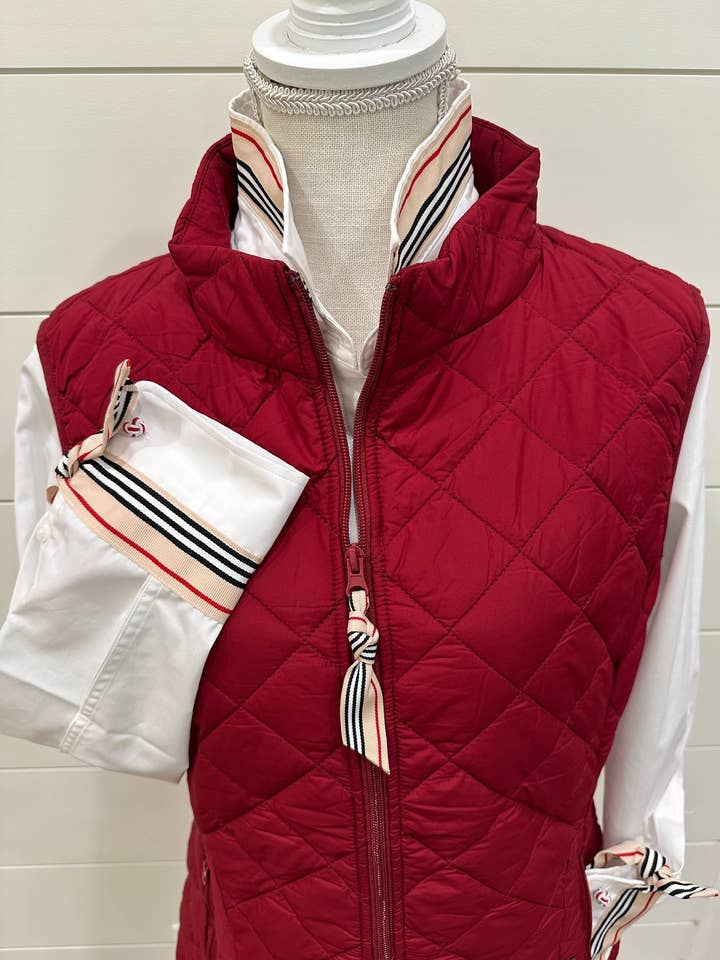 Maggie May Quilted Vest - Burnt Red w Khaki, Blk & Red for wholesale by Pearly Vine